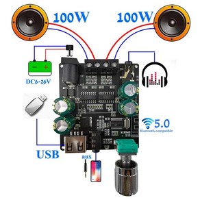 j008 2x100W 블루투스 5.0 디지털 파워 앰프 보드 AUX 스피커 2.0 CH 스테레오 홈 음악 무선 모듈 오디오 앰프, 1개, one amplifie, 단일