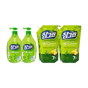 참그린 주방세제 녹차 기름기 뽀드득 용기 1kg x2 + 리필 1.2L x2, 2개