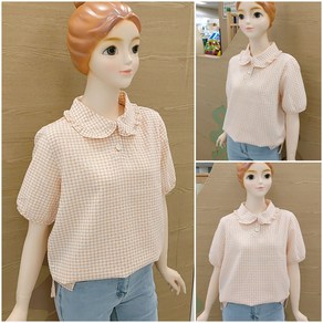 [소이주니어]논현점 22년여름신상 ** 시원한소재 ** 팔길이 5부 반오픈 카라 체크 블라우스 ** 마네킹 키 155 11호 착용 **