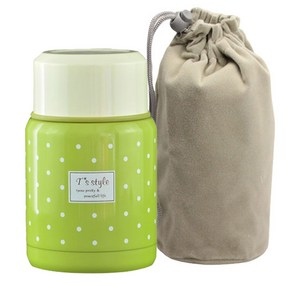 땡땡이 보온 죽통 파우치포함 스텐 국통 이유식 보온통 밥통, 350ml, 그린, 1개