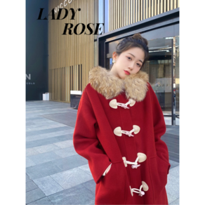 LADY ROSE 레트로 크리스마스 혼 버클 울 레드 재킷 여성 겨울 두꺼운 중간 길이 후드 특대 모피 칼라 양면 모직 코트