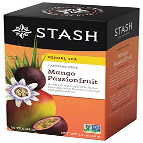 Stash Tea Mango Passionfruit Herbal Tea 20 Count 스태쉬 티 망고 패션푸르트 허브티 호일로 개별 포장된 티백 20개 상자 달콤한 과일