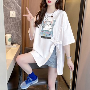 ROYALBELLE 여성 프린트 반팔 라운드넥 스트랩 사이드슬릿 캐주얼 티셔츠 U0041115