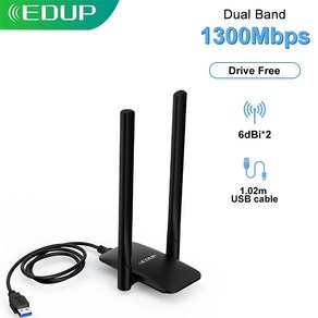 와이파이 무선 EDUP 1300Mbps USB WiFi 어댑터 24G 및 58G 네트워크 카드 케이블 포함 2 6dBi 안테나 드라이브 무료 Lan 이더넷, 3)EPAC1689 1300M, 1개