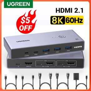 UGREEN HDMI KVM 스위치 USB C USB30 스위처 모니터 프린터 키보드 마우스 지지대 3D HDR 비전 1 개 공유 8K 60Hz 2 PC