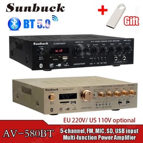 SUNBUCK 블루투스 하이파이 앰프 220V 5CH 홈 파워 앰프 스테레오 AV 서라운드 디지털 앰프 FM 노래방 580USB BT 298BT, 8)298BT Golden  US Plug