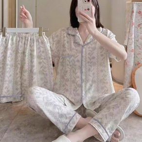 BIKASU 여자 사계절 플라워 파자마 반팔 잠옷 러블리 홈웨어 쓰리피스