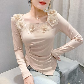 댄스복 상의 여성용 입체플라워 스퀘어넥 긴팔 슬림셔링 스판 티셔츠 Women's T-shirt 뉴타임즈 R708H828