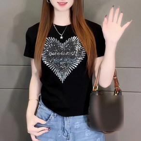 ROYALBELLE 여성 라운드넥 반팔 티셔츠 하트 큐빅 장식 캐주얼 슬림핏 티 E0031712