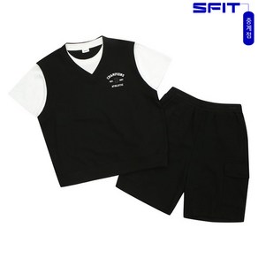 에스핏 중계점 *25년 여름신상 최종가* 레이어드 피케 5부 세트 (블랙) 싱글 라운드 반팔티셔츠에 브이넥 조끼 레이어드 디자인 상의와 심플한 하의 상하세트 [7-13세 이상]