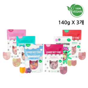 [스웨디시 젤리] CandyKittens 캔디키튼스 비건 젤리 140g 3종 대용량세트, 베리체리(140g), 사우어워터멜론(140g), SHOX샥스(140g), 3개