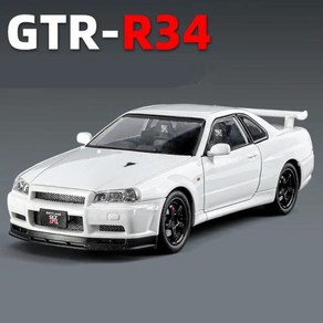 자동차다이캐스트 자동차모형 124 닛산 스카이라인 아레스 GTR R34 합금 럭셔리카 로고 모델 금속 레이싱 카 차량 사운드 라이트 선물, 1개, 1) White