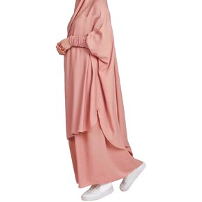 여성 무슬림 이슬람 khima 2pcs 세트기도 드레스 루치 긴 소매 히잡 스커트 아바야 슈트 단색 아이드 후드 jilbab amadan 가운, 분홍색, 2개