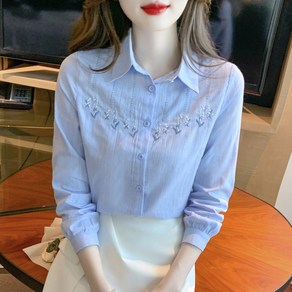 ROYALBELLE 여성 순면 플라워 자수 데일리 남방 세련된 패션 긴팔 카라넥 셔츠 상의 K062507