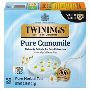 Twinings Pue Camomile Hebal Tea - Natually Caffe 트와이닝스 퓨어 카모마일 허브티 - 카페인 없는 천연 카모마일 티백 개별 포장 50개, 1개