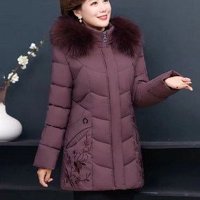 ROYALBELLE 여성 데일리 우아한 퍼 후드 패딩 하프기장 꽃자수 할머니 도톰 컴포트 다운 패딩 Y0110408