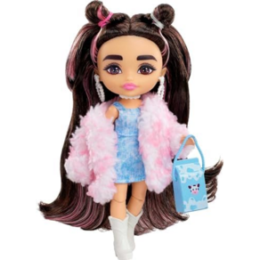 Barbie Extra Minis Doll & Accessories with Brunette Hair & Brown Eyes Wearing a Pink Faux Fur Coat