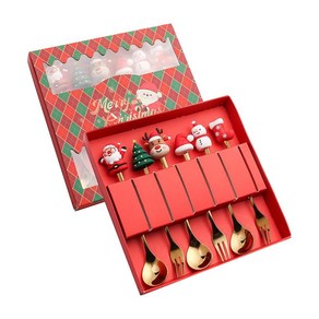 GHSHOP 6Pcs Xmas 칼붙이 키트 선물 상자가있는 스테인레스 스틸 디저트 스푼 포크 커트러리 세트 파티 레스토랑 용 크리스마스 스푼