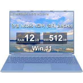 아우크웨이 16 노트북 12GB+512GB 인텔 N5095(최대 2.9Ghz) 4코어 Win 11 2.5K FHD 스크린(냉각팬 포함) 듀얼 WiFi 지원 1TB SSD 확장-블루, WIN11 Po, 블루, 12GB, 512GB, A6