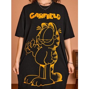 GARFIELD 가필드 공식 굿즈 X 여성용 캐주얼 만화와 레터 프린트 그래픽 오버사이즈 오버핏 티셔츠 반소매 드레스 원피스 라운드 드롭 숄더 967095