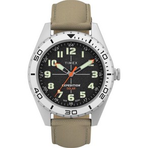 Timex 남성 탐험 필드 솔라 43mm 시계 탄 스트랩 블랙 다이얼 IP 스틸 케이스