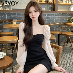 vsyoy 프랑스 스타일 사교계 스타일 대비 컬러 스퀘어 칼라 메쉬 긴팔 원피스 여성용 우아한 하이 엔드 타이트 허리 슬림 핏 힙합 스커트