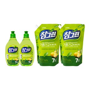 참그린 주방세제 녹차 기름기 2X 뽀드득 용기 500g x2 + 리필 1.2L x2, 1세트