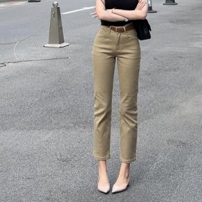 쁘띠꼬모 여성 카키 9부 데님 팬츠 하이웨스트 스판 일자 청바지