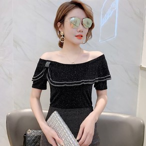 MOSAIRATION 여성 보트넥 큐빅 반팔티 프릴라인 캐주얼 반짝이 쇼트핏 티셔츠 V040105