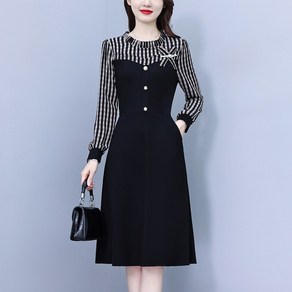 잇츠스타일 [L~5XL] 슬림 심플 체크 패치 라운드 긴팔 미디원피스