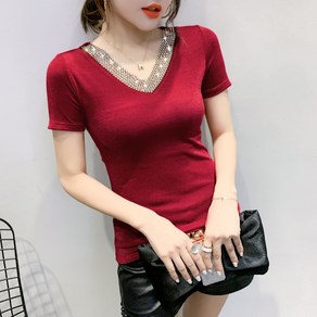 여름 여성 브이넥 펄 슬림 반팔 티셔츠 M-3XL A25 N856T888