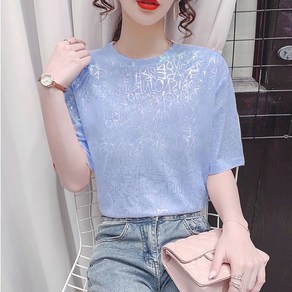 ROYALBELLE 여성 얼음실 반팔 티셔츠 스팽글 문자 장식 패션 데일리룩 티셔츠 F0032407
