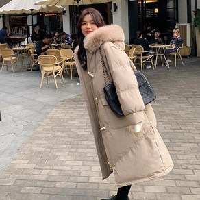 투니스 여성 퍼 후드 미디 롱 다운패딩