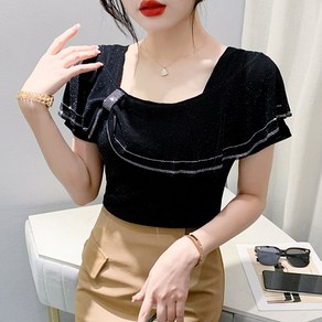 ROYALBELLE 여성 반짝이스퀘어넥 반팔 티셔츠 프릴라인 큐빅 슬림핏 티셔츠 V030632