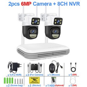 스마트 cctv무선wifi 한국형 6MP IP 카메라 듀얼 렌즈 보안 오디오 8CH NVR 비디오 감시 세트 ICse, 8CH NVR and 2 CamB, 없음, 6) 없음 - 8CH NVR and 2 CamB