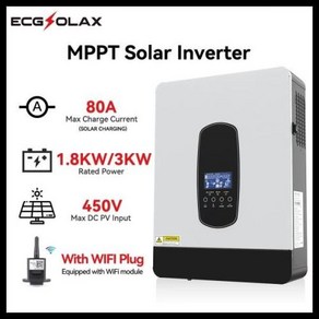 하이브리드 인버터 태양광 Ecgsolax 태양광인버터 독립형 태양 광 충전 시스템 용 3KW 1.8KW 24V 12V 순수 사인파 내장 80A MPPT 컨트롤러 최대 PV 450V, 02 3000W 24V, 01 220V, 1개