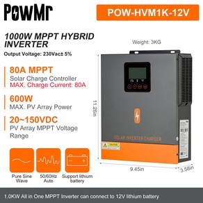 PowM 하이브리드 태양광 인버터 MPPT 태양광 충전 컨트롤러 최대 150VDC 태양광 패널 순수 사인파 1.5KW 1KW 24V 12V 220V 80A, 1KW 12V, No WI-FI, 220-240V, 1개