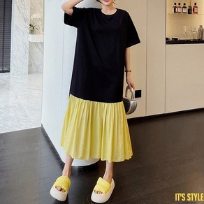 잇츠스타일 [L~3XL] 빅사이즈 롱티셔츠 루즈핏 풀오버 컬러 스커트 반팔 롱원피스