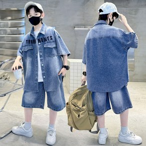 비엔스 남아 여름 청 세트 초등생 루즈핏 주니어 반팔 반바지 초중생 청반팔 청바지 영문 상하의