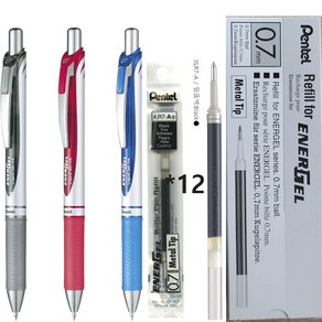 Pentel 에너겔 노크식 볼펜 리필 세트, BL77-A 0.7mm 볼펜3개+리필 흑색12개 세트