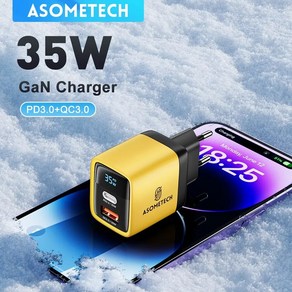 ASOMETECH GaN 충전기 LED 디스플레이 고속 충전 USB C타입 폰 14 프로 삼성 S23 샤오미 35W QC30 30W 25W PD PPS, 8.UK Plug With Cable, 1개