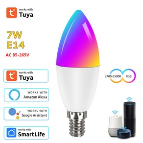 Tuya E14 캔들 램프 앱 제어 스마트 전구 블루투스 와이파이 RGB LED 조명 조도 조절 스마트 라이프 홈 그룹 크리스탈 램프, 1pcs, 7W, 1개