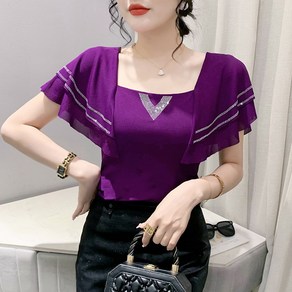 ROYALBELLE 여성 스퀘어넥 프릴라인 반팔 티셔츠 슬림핏 반짝이 큐빅 캐주얼 티셔츠 V033119