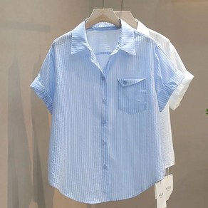 ROYALBELLE 여성 스트라이프 반팔 셔츠 포켓 자수 사랑 하트 얇은 카라넥 남방 D0041720