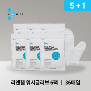 5+1 리앤웰 워시글러브 물없이 사용하는 클렌징 세척장갑 5팩 구매시 1팩 증정 총36매 목욕 환자용, 6개