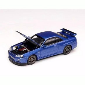 모터헬릭스 1:64 닛산 스카이라인 GT-R R34 V-Spec II 베이사이드 블루 (후드 오픈), 1개