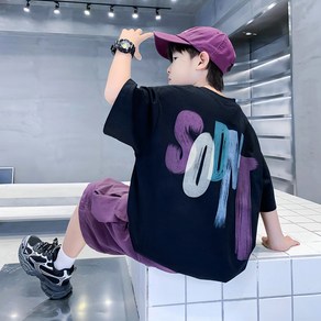 비비키드 초등생 상의 초중생 하의 주니어 반팔 반바지 의류 세트 남아 여름 대문자 영문 페인팅 포인트 카고바지 상의+하의 세트 (8227)