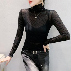 댄스복 상의 여성용 하이넥 레이스 망사 추동 펀칭 스판 티셔츠 Women's T-shirt 뉴타임즈 L193A648