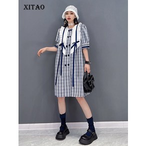 XITAO 더블 체크 원피스 여자 한국 여름 개성 패션 루즈한 O 칼라 반팔 원피스 WMD5991