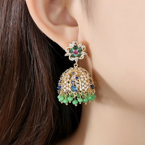 여성 귀걸이 인도 Jhumka 볼리우드 민족 집시 Jhumki 크리스탈 비즈 태슬 벨 드롭 귀걸이 신부 웨딩 파티 쥬얼리 지르콘